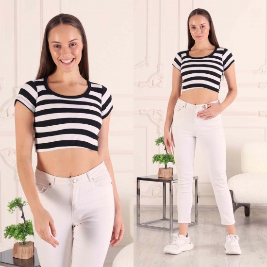 Fitilli Çizgili Crop Bisiklet Yaka Bluz