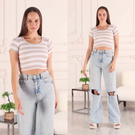 Fitilli Çizgili Crop Bisiklet Yaka Bluz