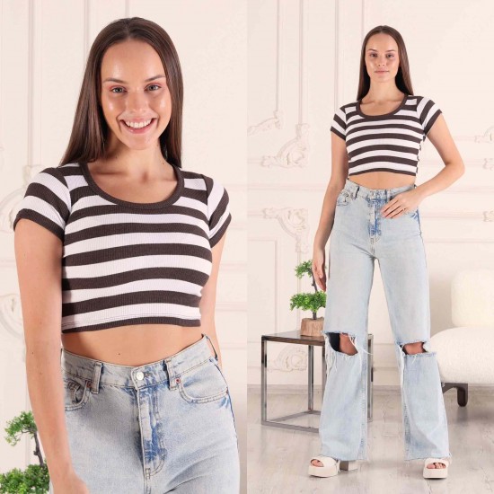 Fitilli Çizgili Crop Bisiklet Yaka Bluz