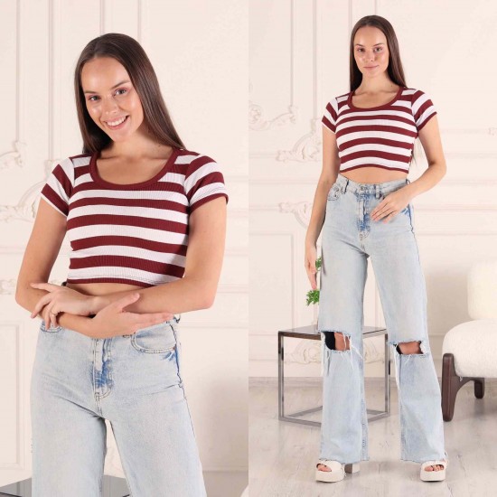 Fitilli Çizgili Crop Bisiklet Yaka Bluz