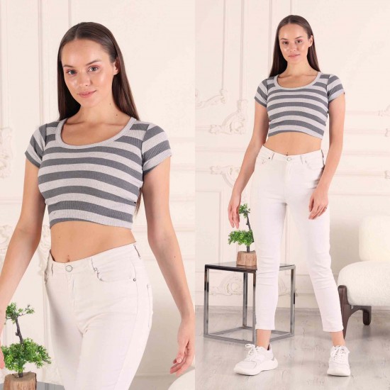 Fitilli Çizgili Crop Bisiklet Yaka Bluz