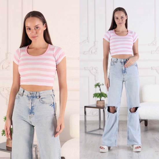 Fitilli Çizgili Crop Bisiklet Yaka Bluz