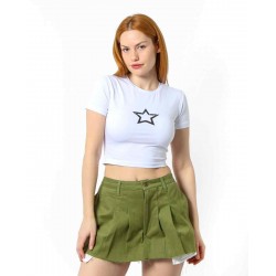 Streç Crop Baskılı T-shirt