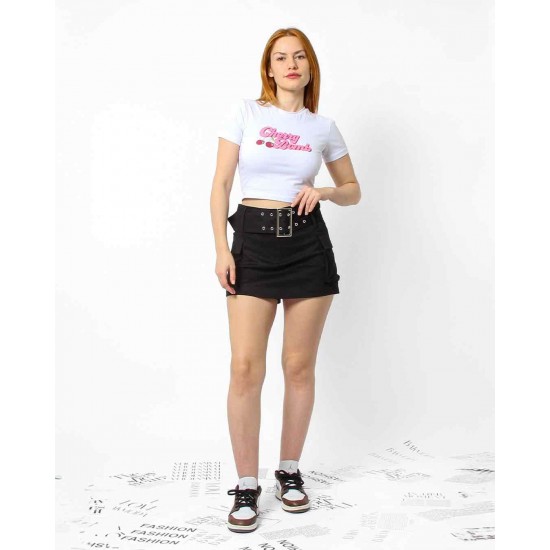 Streç Crop Baskılı T-shirt