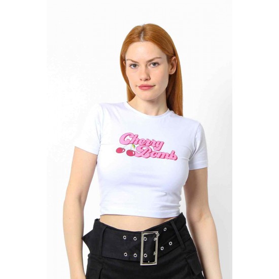 Streç Crop Baskılı T-shirt