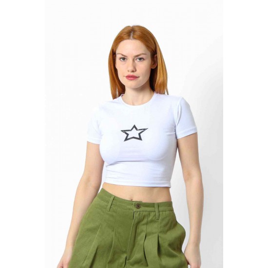 Streç Crop Baskılı T-shirt