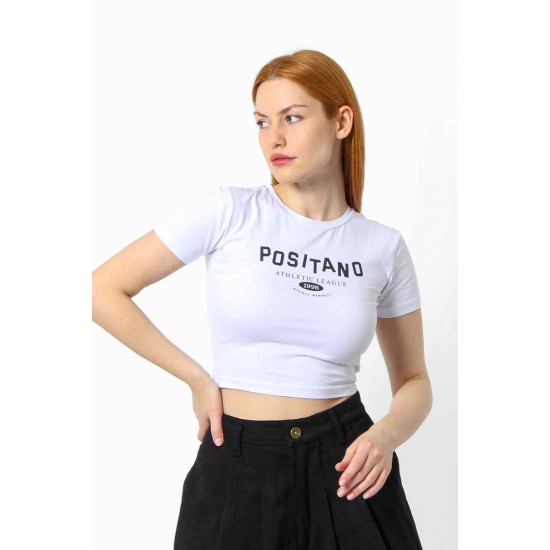 Streç Crop Baskılı T-shirt