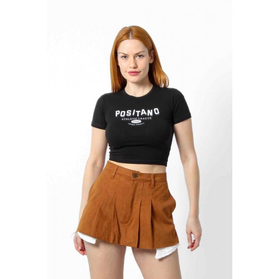 Streç Crop Baskılı T-shirt