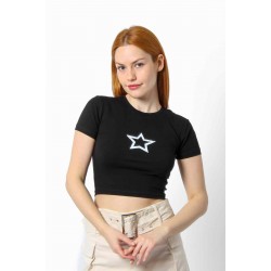 Streç Crop Baskılı T-shirt