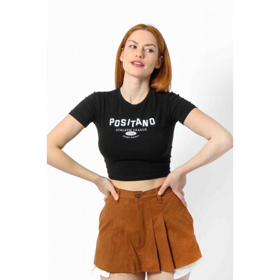 Streç Crop Baskılı T-shirt