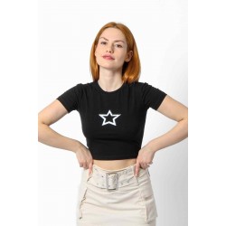 Streç Crop Baskılı T-shirt