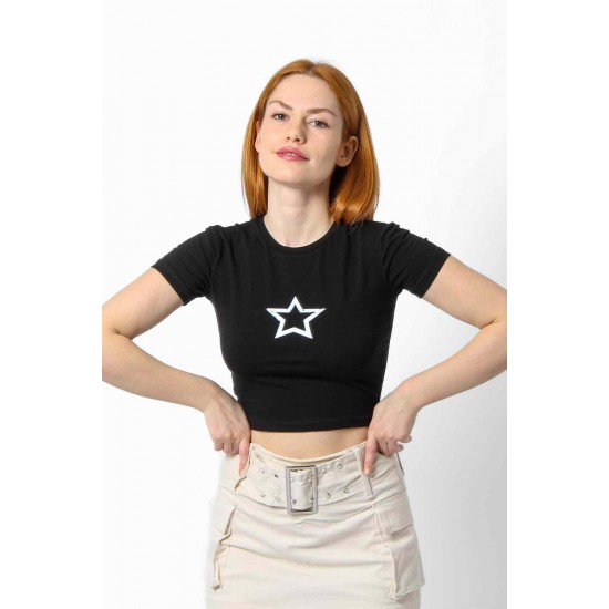 Streç Crop Baskılı T-shirt
