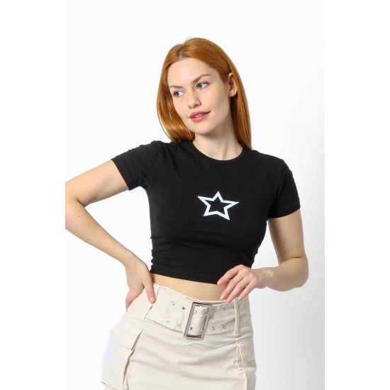 Streç Crop Baskılı T-shirt