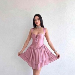 Bağcıklı Volanlı Kısa Elbise