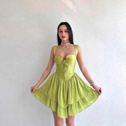 Bağcıklı Volanlı Kısa Elbise