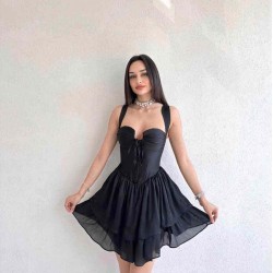 Bağcıklı Volanlı Kısa Elbise
